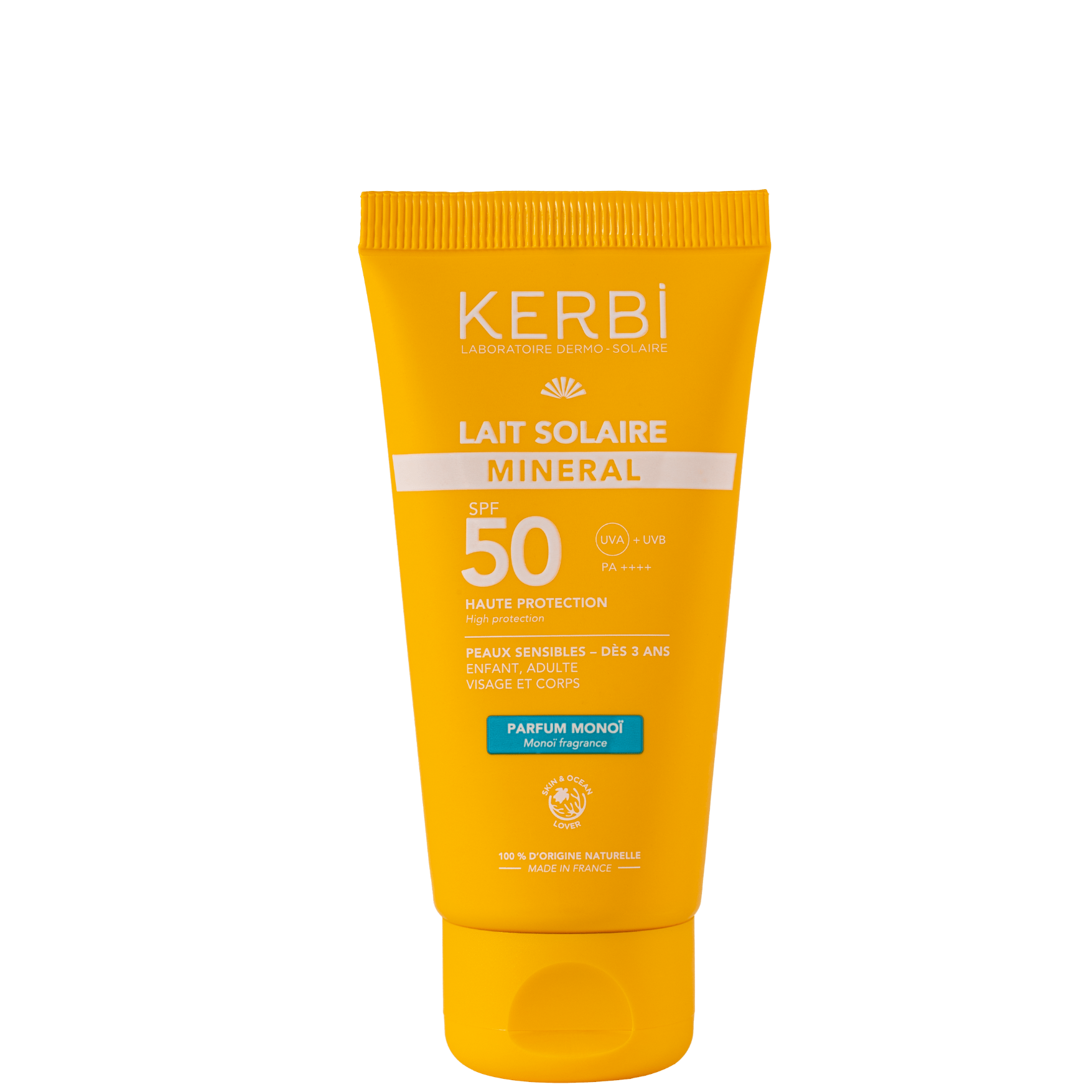 KERBI - Lait Solaire Mineral SPF50 - Parfum Monoï - Endro Cosmetiques